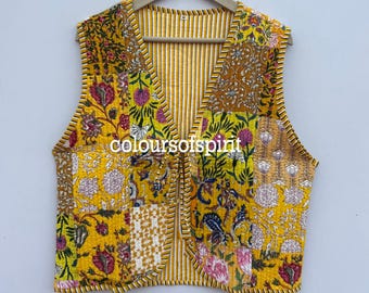 Ręcznie robiona bawełniana pikowana kamizelka, bezrękawnik w stylu vintage z kwiatowym wzorem
