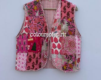 Pikowana kamizelka bawełniana w stylu boho | Ręcznie robiona patchworkowa kurtka kantha