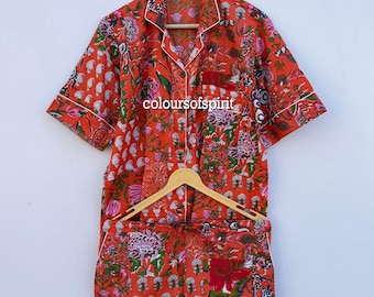 Hand made Patchwork Printed Cotton Women Pajama Set With Matching Pouch