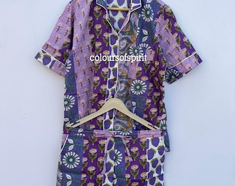Hand-Block Printed Cotton Short Pajama Set with Matching Pouch