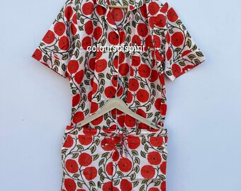 Hand-Block Printed Cotton Short Pajama Set with Matching Pouch