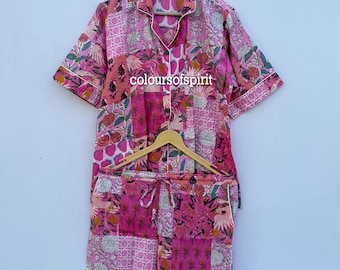 Handmade Cotton Patchwork Printed Short Women Pajama Set With Matching Pouch For Comfortable Night