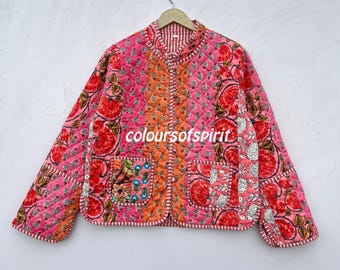 Handmade Patchwork Cotton Quilted Jacket, Reversible Boho Coat