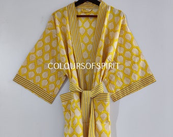 Accappatoio, Kimono di cotone, Accappatoio di cotone con stampa floreale indiana, Completo da notte, Costume da bagno, Vestaglia, Colore uguale all'immagine n. 15