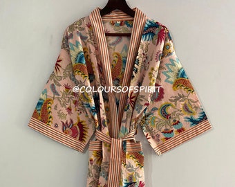 Cotton Kimono Robe Dressing Gown, Block Print Bridesmaid Robe, Summer Nightwear, One Size, Beach cover up