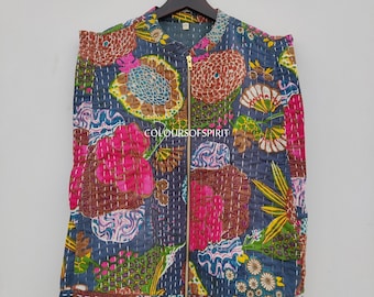 Indio hecho a mano Kantha edredón chaleco kimono mujeres usan Boho abierto acolchado chaleco chaquetas populares ahora, Kantha chaleco corto sin mangas
