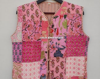 Chaqueta acolchada de algodón Las mujeres usan ribetes de rayas de kimono abierto en la parte delantera Chaqueta acolchada vintage hecha a mano, abrigos, nuevo estilo, Boho.. ropa de doble cara