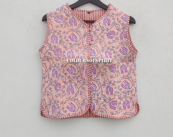 Gilet matelassé en coton de style vintage, vestes sans manches matelassées, manteau floral à col en V, cadeaux de vacances, veste sans manches pour femme, cadeaux