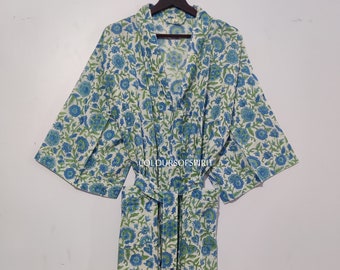 Hermoso kimono de algodón, bata de kimono impresa en bloque de mano india, kimono japonés, kimono de algodón suave y puro hecho a mano