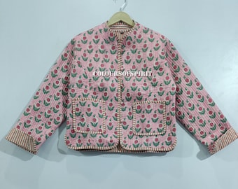 Handmade Floral Block Print Cotton Quilted Jacket, Boho Coat