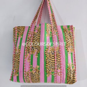 Quilted Cotton Hand printed Reversible Floral Tote Bag Handmade Boho Eco friendly Sustainable Sturdy Grocery Shopping Bag