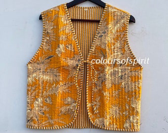 Handmade Cotton Quilted Vest, Floral Print Reversible Coat