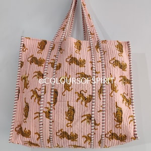 Handmade Boho Eco friendly Sustainable Sturdy Grocery Shopping Bag Quilted Cotton Hand printed Reversible Floral Tote Bag