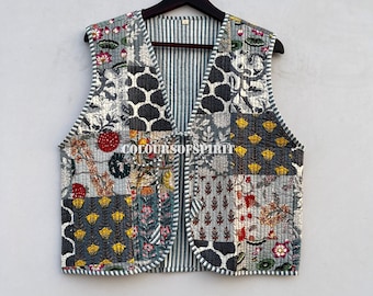 Cotton Quilted Jacket Women Wear Front Open Kimono Stripe piping HandMade Vintage Quilted Jacket , Coats , New Style, Boho..double side wear