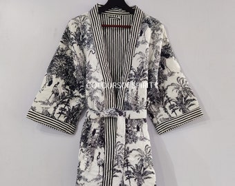 Handgefertigter Kimono mit Jaipur-Block-Print Gesteppter Kimono aus Bio-Baumwolle