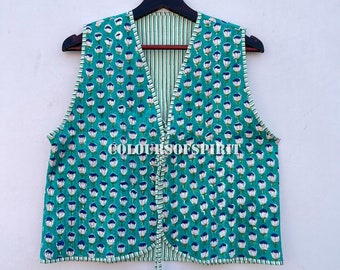 Sleeveless cotton Floral Jackets, Indian Cotton Handmade Winter Jacket Coat, Bohemian Style Jacket, Unisex Short Quilted Kantha Jacket