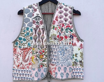 Chaqueta acolchada de algodón Las mujeres usan ribetes de rayas de kimono abierto en la parte delantera Chaqueta acolchada vintage hecha a mano, abrigos, nuevo estilo, Boho.. ropa de doble cara