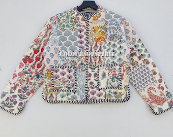 Jaqueta de algodão acolchoada com patchwork floral, estilo boho reversível.