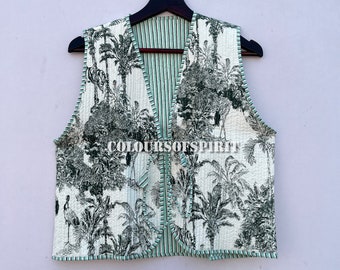 Gilet en coton vert clair, gilet matelassé khadi en coton tissé à la main, manteau ouest chaud d'hiver matelassé, les femmes portent un gilet court, cadeau pour elle