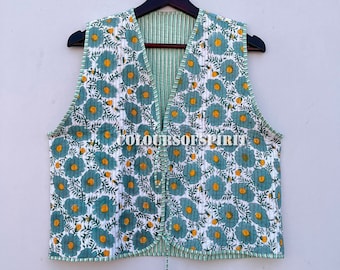 Vestes fleuries en coton sans manches, manteau veste d'hiver fait main en coton indien, veste style bohème, veste courte matelassée kantha unisexe