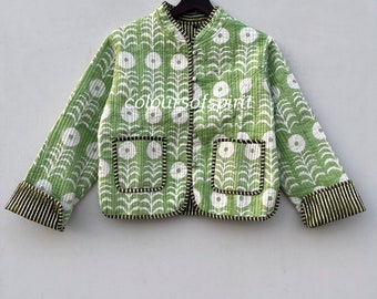 Floral Hand Block Printed Quilted Cotton Jacket, Bohemian Style Green Handmade Jacket