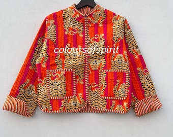 Indian Quilted Jacket For Women Tiger Print Jacket Short kimono Women Wear New Style Coat # PATAYA ORANGE 01