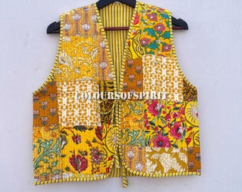 Vestes patchwork en coton sans manches, manteau veste d'hiver fait main en coton indien, veste style bohème, veste courte matelassée kantha unisexe