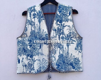 Chaleco acolchado de algodón con estampado floral, chaqueta bohemia reversible hecha a mano.