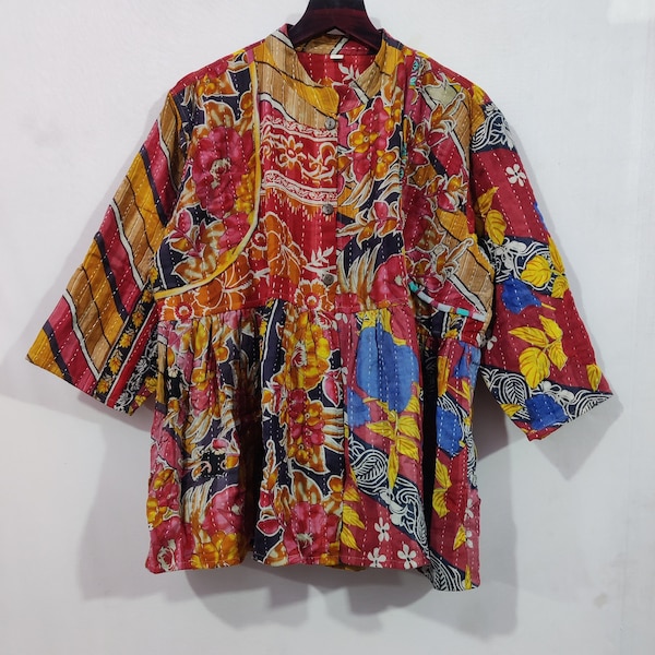Reversible Kantha Gudri Jacket, Handmade Wardrobe, Kantha Ladies Coat, Hand Quilted Jacket, Boho Wear, Long Old Kantha Jacket