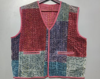 Velvet Kantha Vest Coat, Indian Handmade Cotton Vest Jacket, Women Wear Sleeveless Vest, Gift For Her, Short Vest