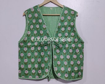 Block Print Quilted Cotton Vest, Floral Bohemian Reversible Jacket