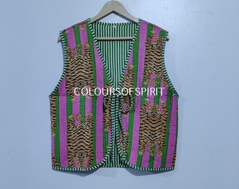 Cotton Quilted Jacket Women Wear Front Open Kimono Stripe piping HandMade Vintage Quilted Jacket , Coats , New Style, Boho..double side wear