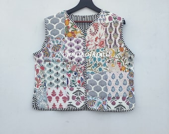 Patchwork Kantha Cotton Vest, Handmade Bohemian Quilted Jacket