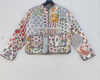 Handmade Floral Patchwork Quilted Cotton Jacket: Bohemian Reversible Coat