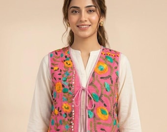 Hand-Embroidered Cotton Vest, Floral Boho Waistcoat, Tie Front Festival Jacket