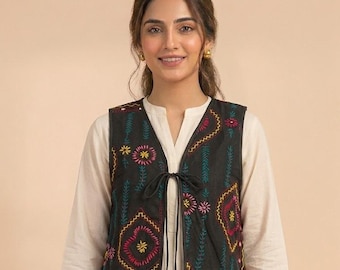 Embroidered Boho Cotton Vest, Multicolor Floral Waistcoat, Festival Layering Jacket