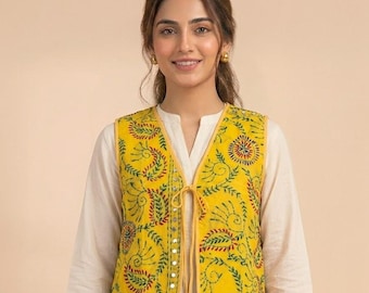 Handmade Cotton Floral Embroidery Vest With Colorful Thread Light Weight Boho Vest For Women