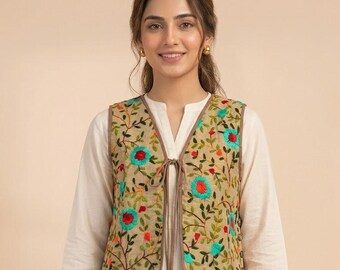 Hand Embroidered Floral Cotton Vest, Boho Tie Front Waistcoat, Festival Layering Jacket