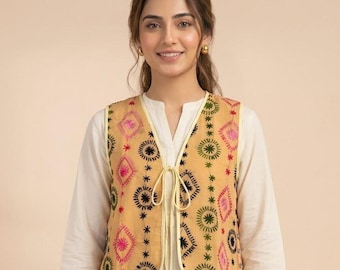 Hand Embroidered Cotton Vest for Women, Boho Festival Waistcoat, Sleeveless Tie Front Jacket, Mirror Work Ethnic Layering Vest