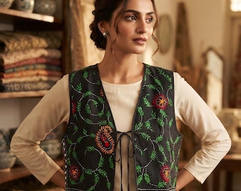 Embroidered Boho Cotton Vest, Multicolor Floral Waistcoat, Festival Layering Jacket