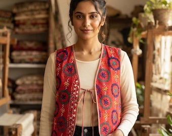 Hand Embroidered Cotton Boho Vest, Red Floral Tie Front Waistcoat