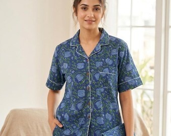 Hand-Block Printed Cotton Short Pajama Set with Matching Pouch