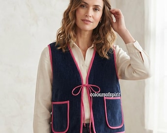 Handmade Quilted Velvet Vest, Navy Blue Tie Front Waistcoat, Boho Style