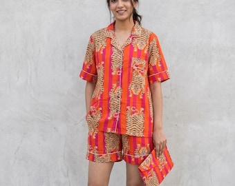 Hand-Block Printed Cotton Short Pajama Set: Tiger Print Sleepwear