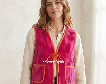 Hot Pink Quilted Cotton Vest for Women, Reversible Padded Jacket, Handmade Kantha Waistcoat, Boho Layering Vest, Tie Front Jacket