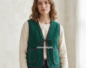 Emerald Green Quilted Velvet Vest, Handmade Tie Front Waistcoat, Women's Layering Jacket