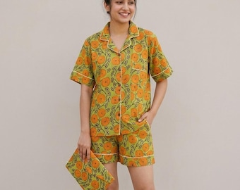 Cotton Block Printed Floral Short Pajama Set For Women Soft And Comfortable Pj Set For Night Wear