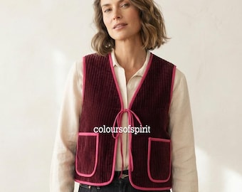 Burgundy Quilted Velvet Vest, Tie Front Waistcoat, Cotton Lined Jacket, Boho Layering