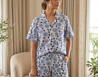 Cotton Block Printed Floral Short Pajama Set For Women Soft And Comfortable Pj Set For Night Wear