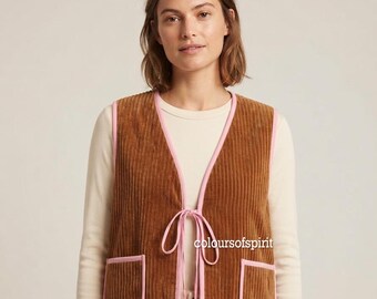 Reversible Quilted Corduroy Vest, Brown Tie Front Vest, Handmade Padded Jacket, Cottagecore Layering Vest, Women's Sleeveless Jacket